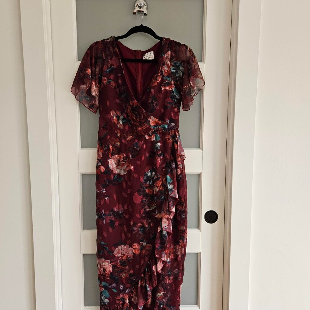 Anthropologie Vone dark maroon ruffles floral dress